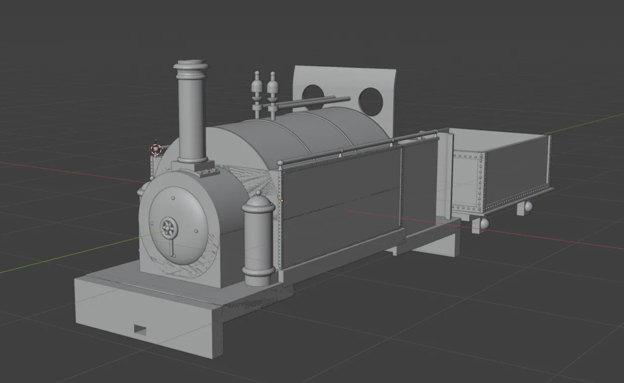 Grey 3D render of a compact industrial steam locomotive